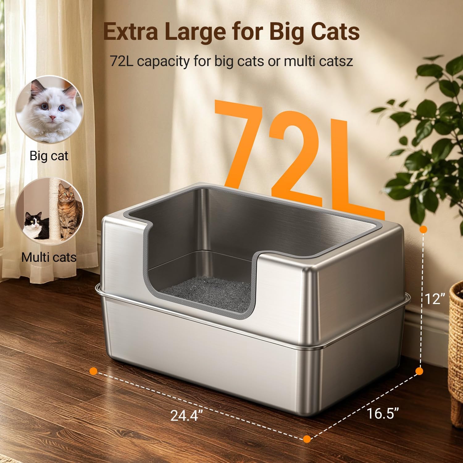 Entirely Stainless Steel High-Sided Litter Box - Image 2